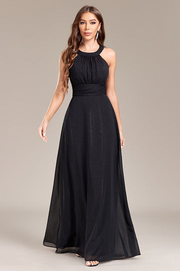 Black A Line Halter Long Ball Dress with Open Back